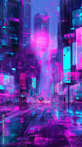 Neon glitch art with hot pink, bright purple, and teal, featuring pixelated noise and broken visual effects for a bold, digital look