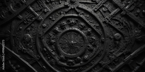a close-up view dark, intricate metal sculpture with a central circular design and various other elements surrounding it