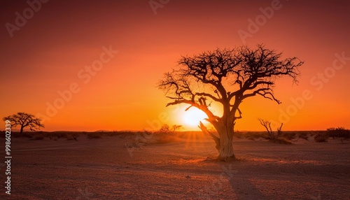 Solitary Tree in the Savanna at Sunset with Stunning Golden Sky and Endless Horizons