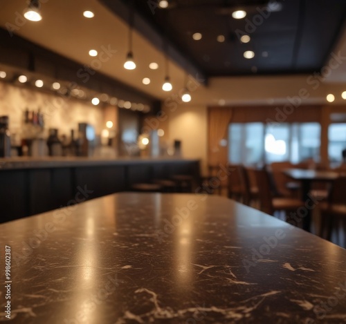 a well-lit bar area with a marble-topped bar counter, a blurred background of tables and chairs, and a warm, inviting ambiance created by the lighting
