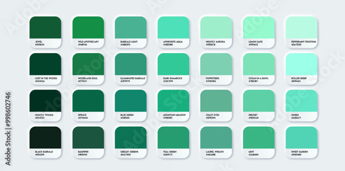 Emerald green color guide Palette with color names. Blue green samples catalog with RGB HEX codes and Names. Vector EPS 10
