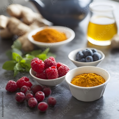 A colorful spread of anti-inflammatory foods--turmeric, ginger, berries, and green tea--styled beautifully on a kitchen counter with soft lighting.