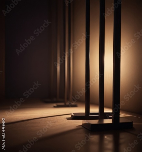 A dimly lit room with a series of metal poles casting long shadows on the floor, creating a sense of depth and perspective