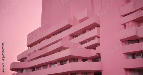 A striking pink building with a unique architectural design, featuring a series of balconies and windows that create a visually appealing and geometric pattern