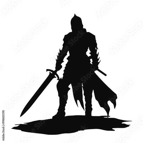 Monochromatic Silhouette of  warrior with a sword vector illustration