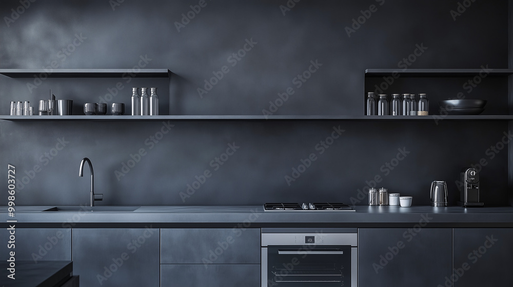 A minimalist kitchen featuring built-in stainless steel appliances, smooth gray countertops, and open shelves with minimal items. Emphasis on sleek lines and clean space A minimalist kitchen featuring built-in stainless steel appliances, smooth gray countertops, and open shelves with minimal items. Emphasis on sleek lines and clean space