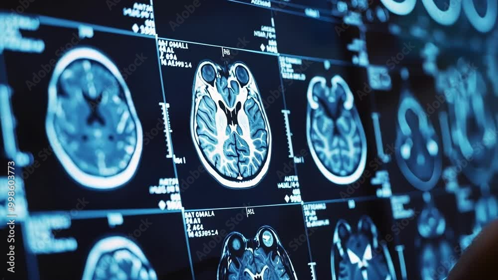 Medical professional is reviewing brain mri scans displayed on a high tech digital screen, potentially for diagnosis or research purposes