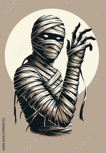 flat design illustration of a mummy covered in bandages halloween theme