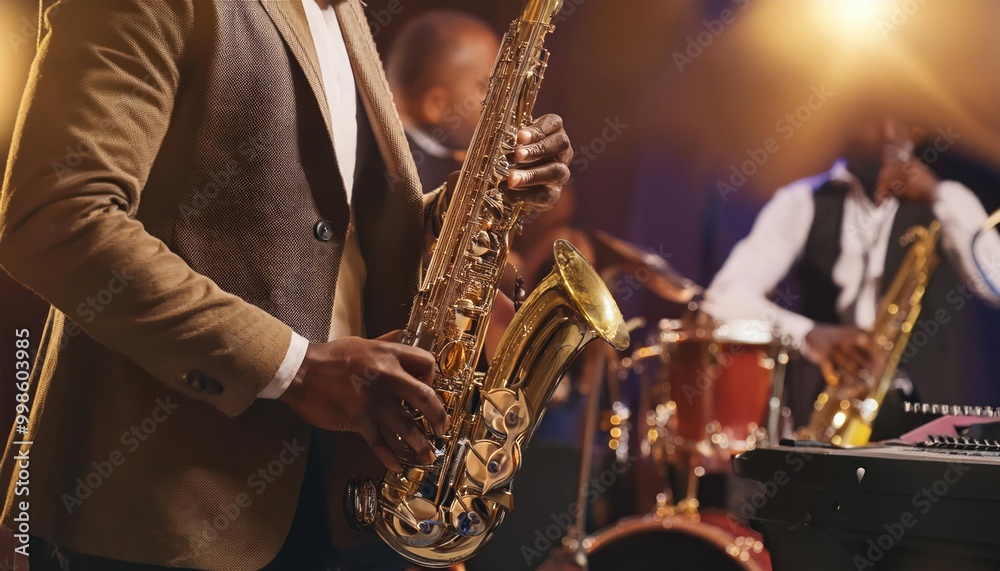 Obraz premium Unrecognizable Black jazz musician playing saxophone on stage at local bar with medium