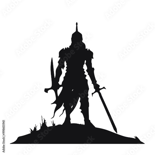 Monochromatic Silhouette of  warrior with a sword vector illustration