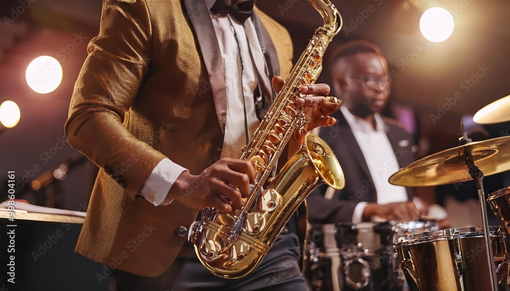 Obraz premium Unrecognizable Black jazz musician playing saxophone on stage at local bar with medium