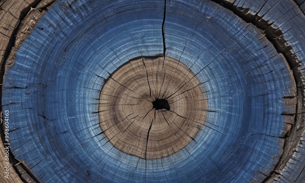 Naklejka premium A close-up tree trunk, revealing the concentric rings of the wood and the dark blue-green color of the bark