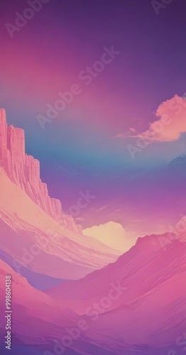 a serene, mountainous landscape bathed in a gradient of pink and purple hues, with a clear sky and a few clouds