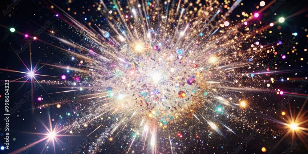 Explosive burst of colorful light particles in dark space. Explosive burst of colorful light particles in dark space.
