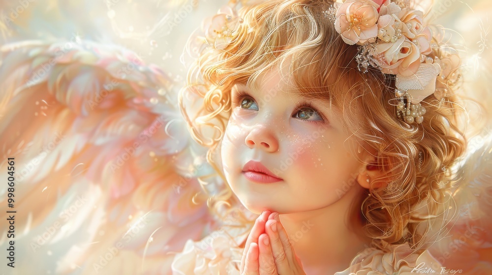 A young girl with angelic wings, adorned in flowers, gazing skyward in a serene, ethereal setting during golden hour. Generative AI A young girl with angelic wings, adorned in flowers, gazing skyward in a serene, ethereal setting during golden hour. Generative AI
