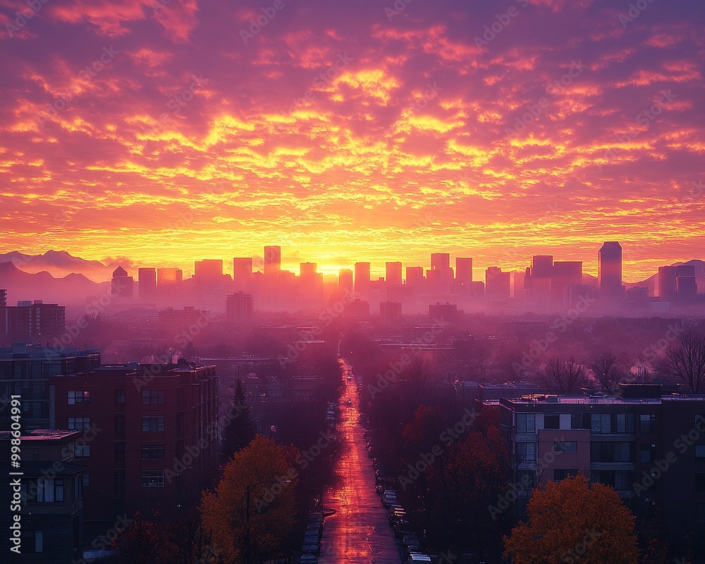 Fototapeta premium Breathtaking Sunrise Over the Denver Skyline Illuminating the Cityscape with Vibrant Colors