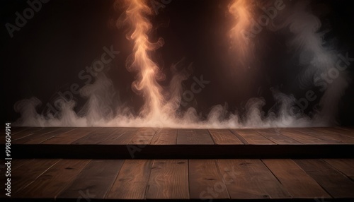 A dark, foggy stage with a wooden platform and two dramatic smoke effects in the background