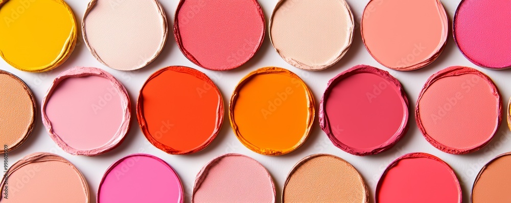 An artistic pattern of soft cream and golden terra makeup swatches, including lipsticks, eyeshadows, and blushes, blended together. An artistic pattern of soft cream and golden terra makeup swatches, including lipsticks, eyeshadows, and blushes, blended together.