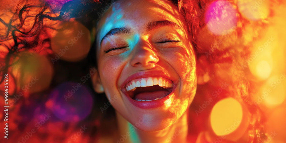Woman face with eyes closed and smiling with a background of bokeh lights. The panoramic image has a bright and colorful atmosphere, with reflections on the face. Emotion and happiness concept. Woman face with eyes closed and smiling with a background of bokeh lights. The panoramic image has a bright and colorful atmosphere, with reflections on the face. Emotion and happiness concept.
