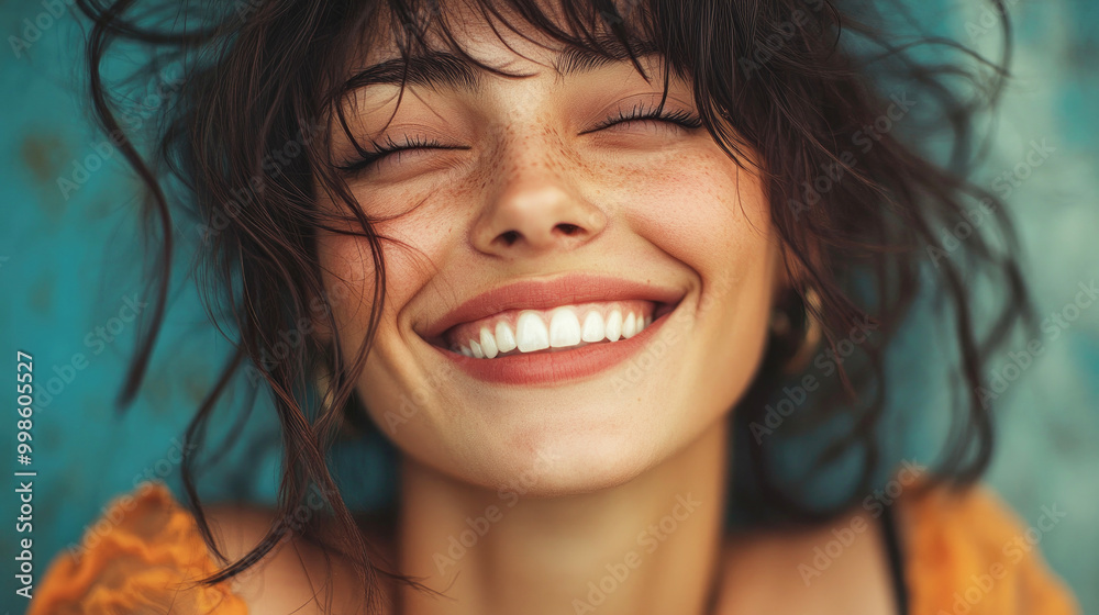 Happy expression mid shot of a woman with brown hair and a big smile on her face. He is wearing an orange shirt on a green blurred background with copy space. Happy expression mid shot of a woman with brown hair and a big smile on her face. He is wearing an orange shirt on a green blurred background with copy space.
