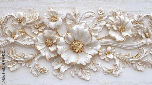 Chic white gold floral border art featuring ornate flower motifs. The intricate jewelry-inspired designs with gold accents create a sophisticated visual appeal