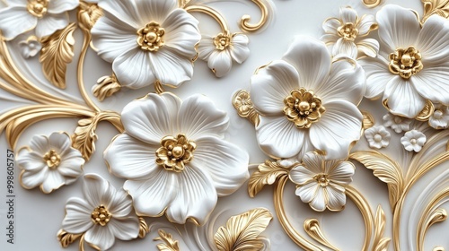 Chic white gold floral border art featuring ornate flower motifs. The intricate jewelry-inspired designs with gold accents create a sophisticated visual appeal