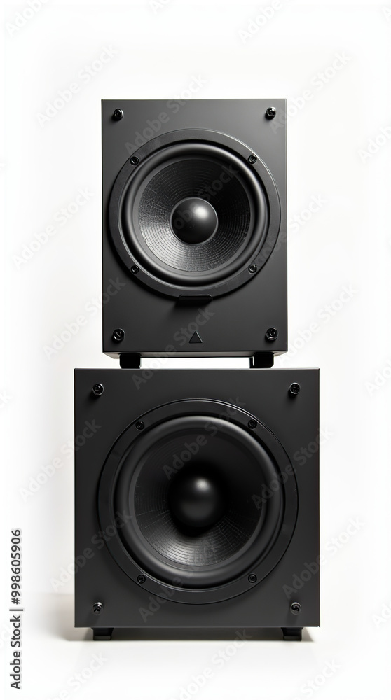 Black sound speakers and subwoofer on white background Black sound speakers and subwoofer on white background