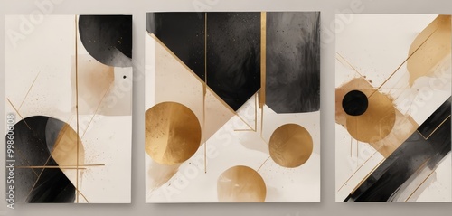 Three abstract paintings with geometric shapes and patterns in black, gold, and white