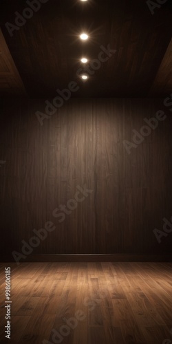 Wallpaper Mural A dimly lit room with a wooden floor and a dark wooden wall, featuring recessed lighting and a high ceiling Torontodigital.ca