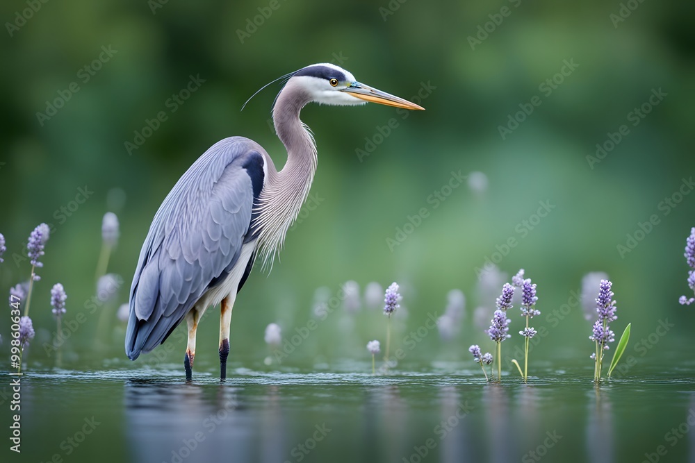 A heron with lavender and white flowers on its back wading in a lake with a soft green bokeh, Ai Generated A heron with lavender and white flowers on its back wading in a lake with a soft green bokeh, Ai Generated