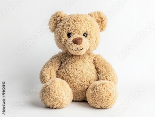 adorable plush teddy bear with soft fur texture and expressive eyes posed sitting upright against a pure white background embodying childhood nostalgia and comfort
