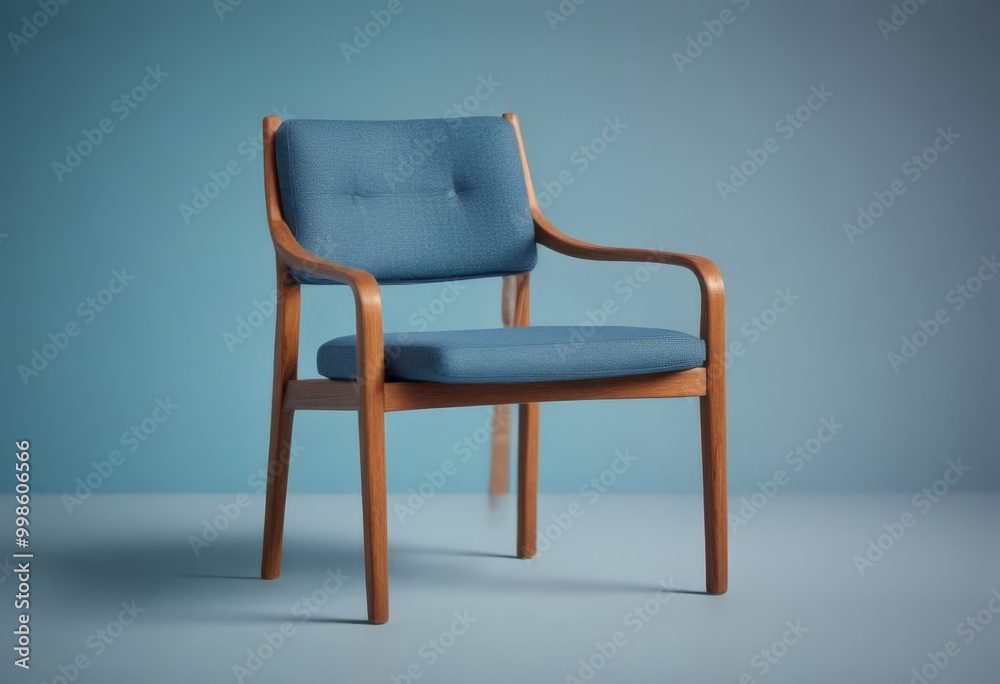 A blue upholstered wooden chair with a curved backrest and armrests, set against a light blue background A blue upholstered wooden chair with a curved backrest and armrests, set against a light blue background