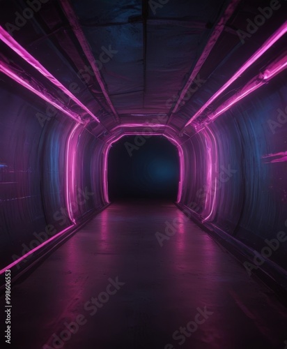 A long, dark corridor with a curved ceiling and glowing pink and purple lights on either side, creating a mysterious and futuristic atmosphere