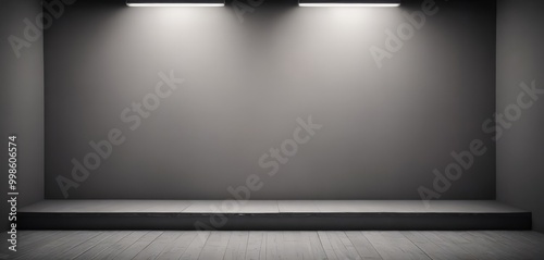 A black and white stage with a wooden platform, two spotlights, and a plain gray wall