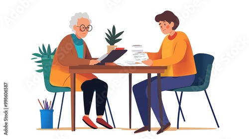 A social worker assisting an elderly person with filling out forms for government assistance