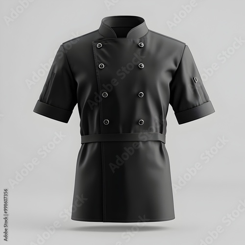 Black Chef s Jacket with Short Sleeves and Front Buttoning on Left Side Round Collar with Buttons