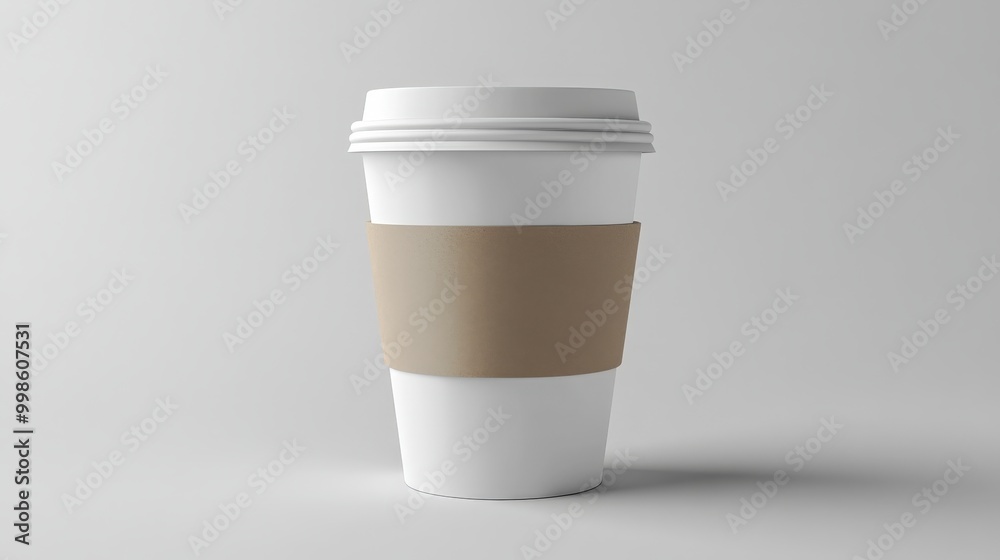 Clean and professional white coffee cup mockup with a blank sleeve, positioned on a plain background for easy customization Clean and professional white coffee cup mockup with a blank sleeve, positioned on a plain background for easy customization