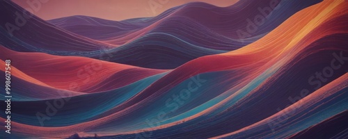 a vibrant, abstract landscape with a series of undulating, wave-like patterns in a range of warm and cool colors, including shades of orange, red, blue, and purple, set against