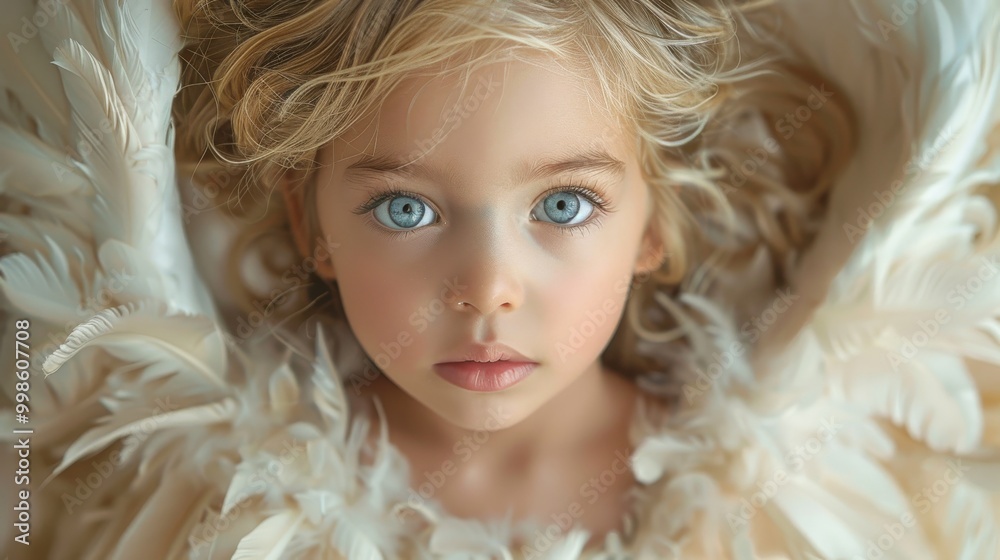 A delicate child with striking blue eyes adorned in soft feathers lies gracefully on a gentle backdrop. Generative AI A delicate child with striking blue eyes adorned in soft feathers lies gracefully on a gentle backdrop. Generative AI
