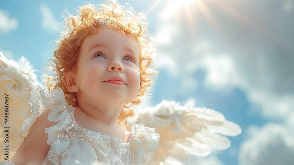 A joyful child with curly red hair gazes upward, adorned in angel wings under a bright blue sky during daylight. Generative AI A joyful child with curly red hair gazes upward, adorned in angel wings under a bright blue sky during daylight. Generative AI
