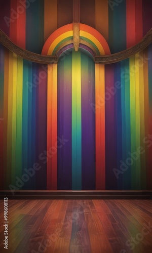 A vibrant, rainbow-colored room with a wooden floor and a curved archway in the center, creating a visually striking and inviting atmosphere