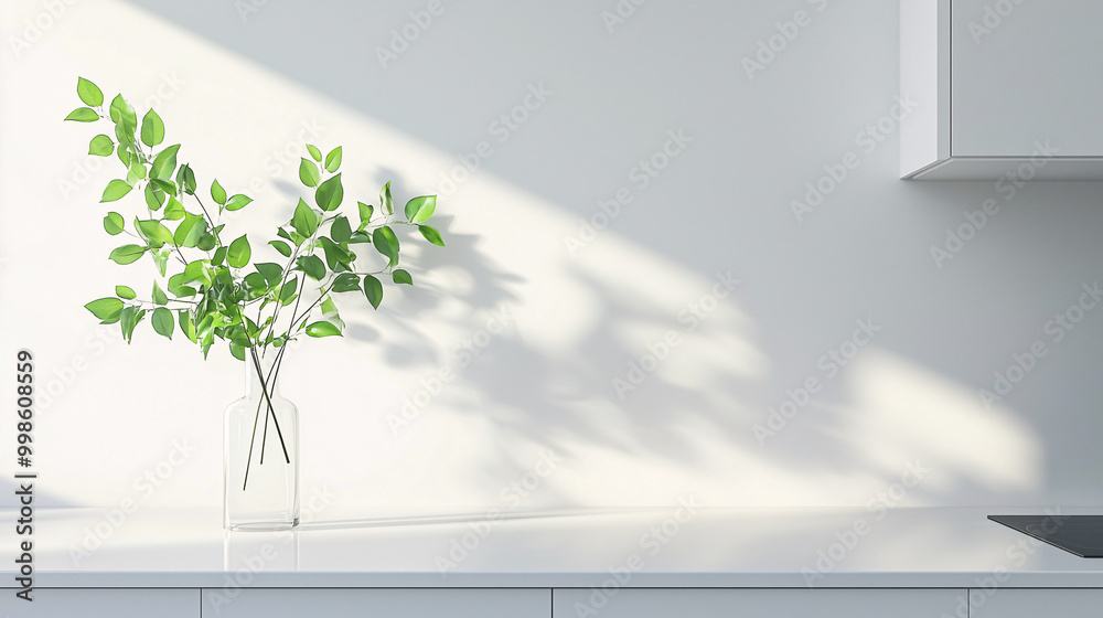 Obraz premium An all-white minimalist kitchen featuring one glass vase with fresh green leaves on the counter. The scene is calm, with no other decor, highlighting clean lines and open space