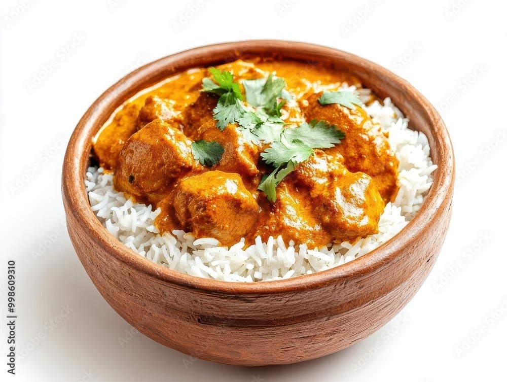 aromatic chicken tikka masala in rustic clay bowl vibrant orange curry sauce tender meat pieces fragrant basmati rice garnished with fresh herbs presented on crisp white background aromatic chicken tikka masala in rustic clay bowl vibrant orange curry sauce tender meat pieces fragrant basmati rice garnished with fresh herbs presented on crisp white background
