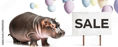 A hippo holding a sale sign with pastel balloons, perfect for playful promotional campaigns and retail sales events photo