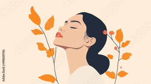 Stylized Portrait of Serenity: Captivating Beauty Surrounded by Autumn Leaves in a Minimalist Art Approach