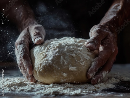 artisanal breadmaking scene with flourdusted hands kneading dough dramatic chiaroscuro lighting emphasizing textures against a moody dark background