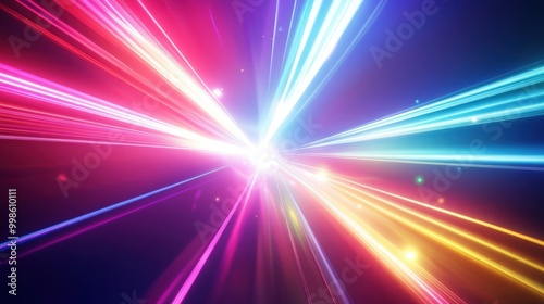 Colorful 3D abstract background featuring bright neon rays and glowing lines, showcasing a dynamic and radiant spectrum of light