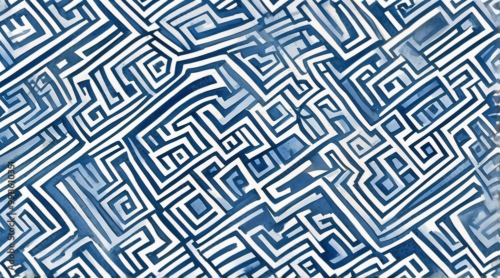 Abstract maze pattern design in blue and white colors with intricate lines Abstract maze pattern design in blue and white colors with intricate lines