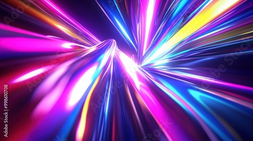 Colorful abstract 3D background with bright neon rays and glowing lines, showcasing a dynamic spectrum of light and energy