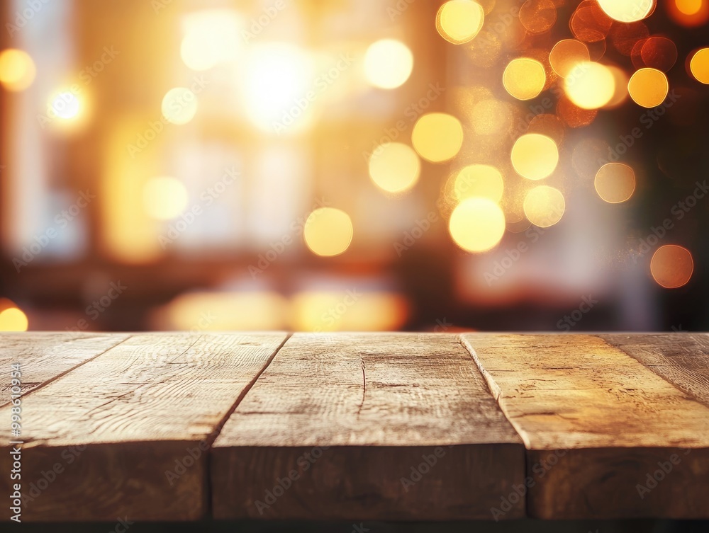 Wooden tabletop with blurred golden bokeh background in a cafe setting Wooden tabletop with blurred golden bokeh background in a cafe setting